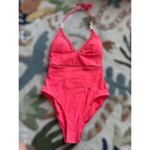 New REISS Ray Colorblock Halter One Piece Swimsuit in Coral Size 2